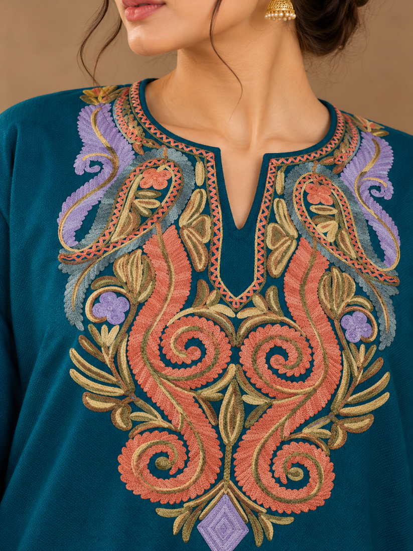 Teal Kashmiri Pheran with  Floral Embroidery | Aari Embroidered Wool Phiran