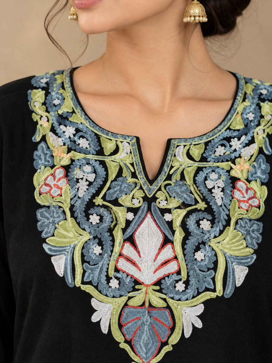 Black Kashmiri Pheran with  Embroidery | Aari Embroidered Wool Phiran