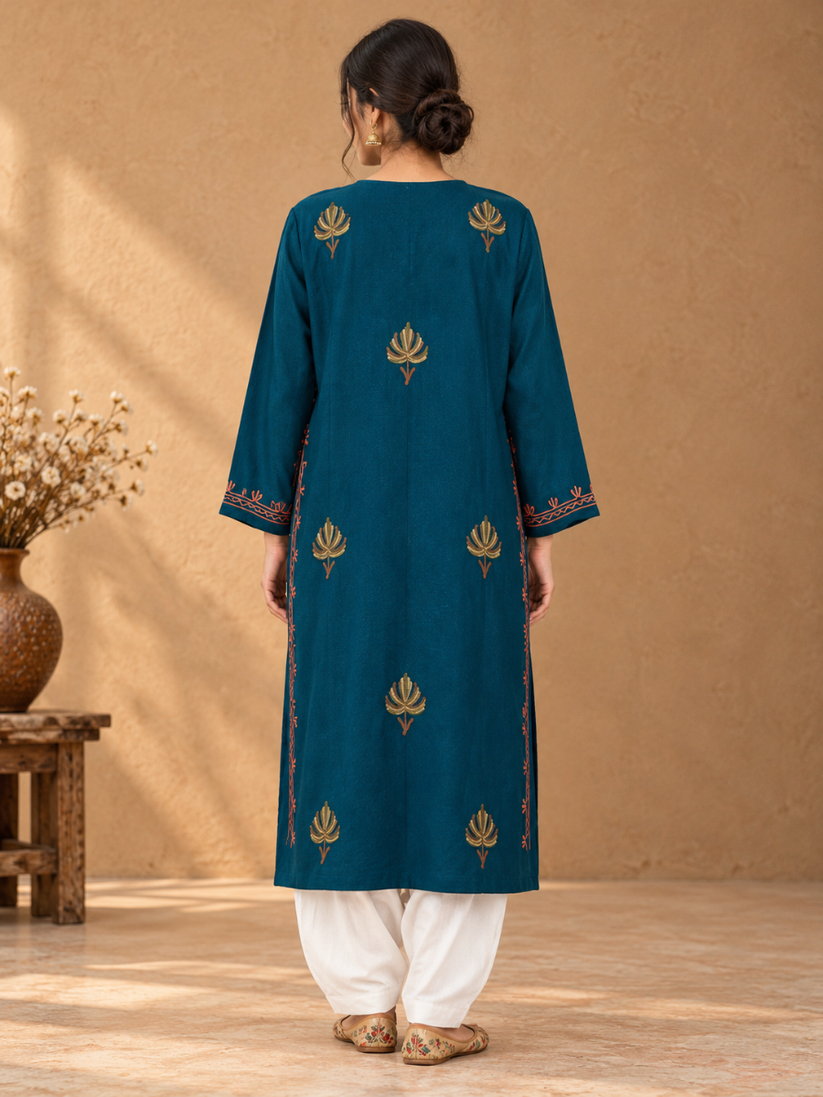 Teal Kashmiri Pheran with  Floral Embroidery | Aari Embroidered Wool Phiran