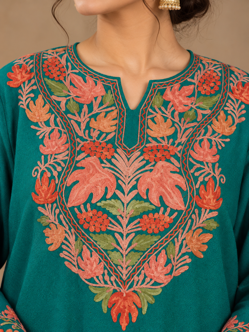 Teal Green Kashmiri Pheran with Coral & Peach Chinar Embroidery – KAARKASH