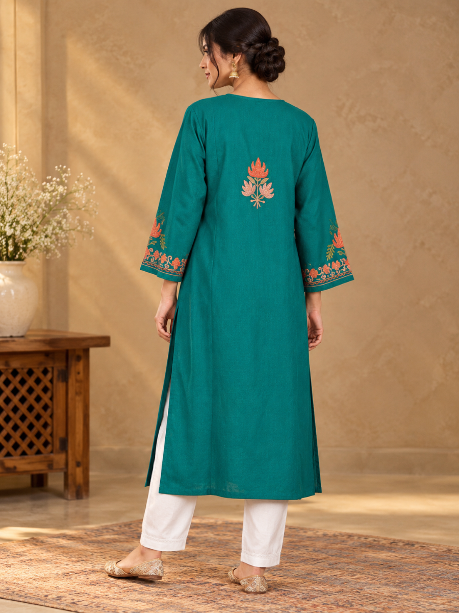 Teal Green Kashmiri Pheran with Coral & Peach Chinar Embroidery – KAARKASH