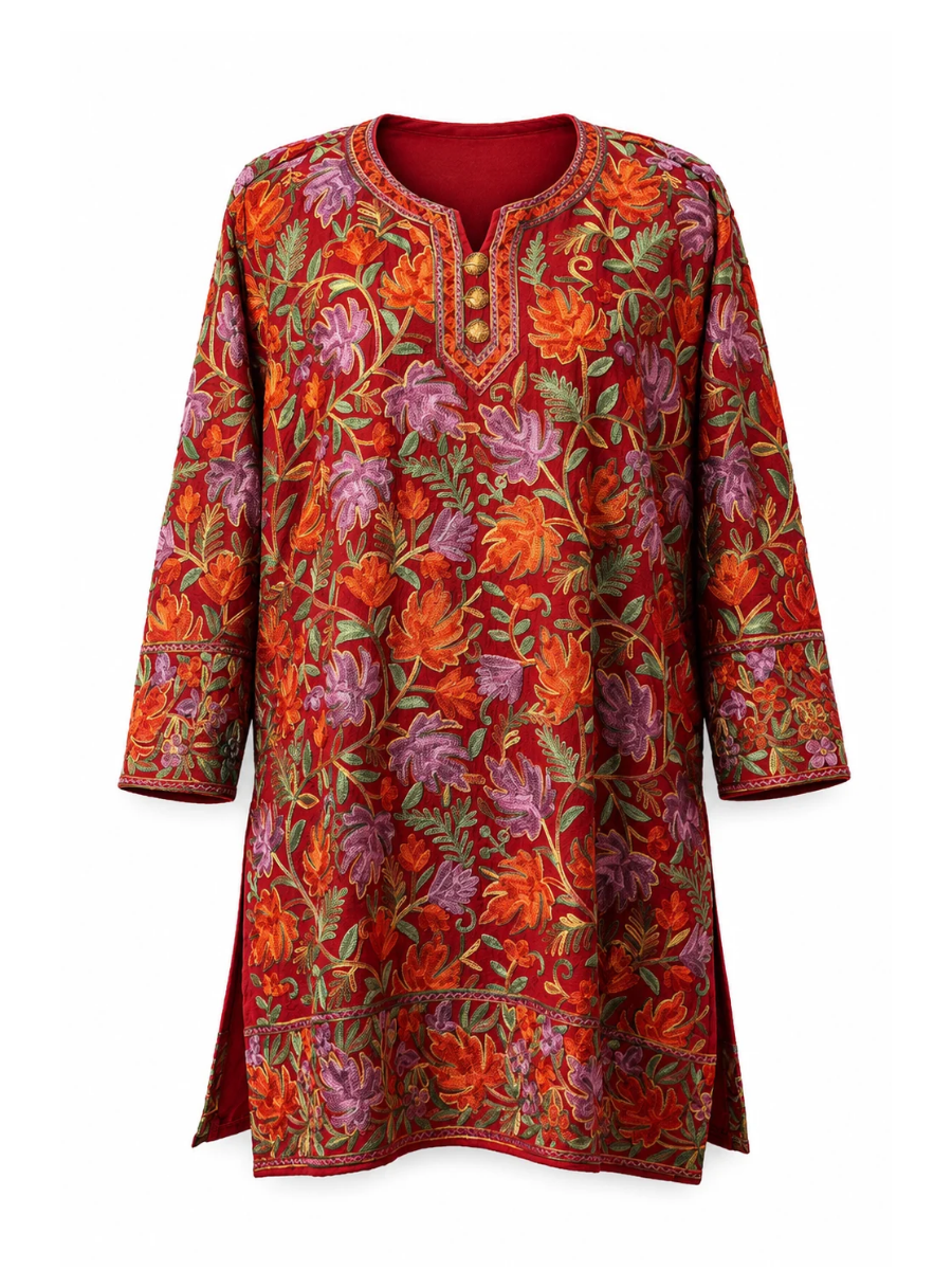 Noor : chinar embroidery summer kurti | Dark Red