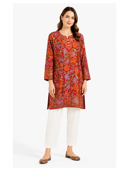 Noor : chinar embroidery summer kurti | Dark Red