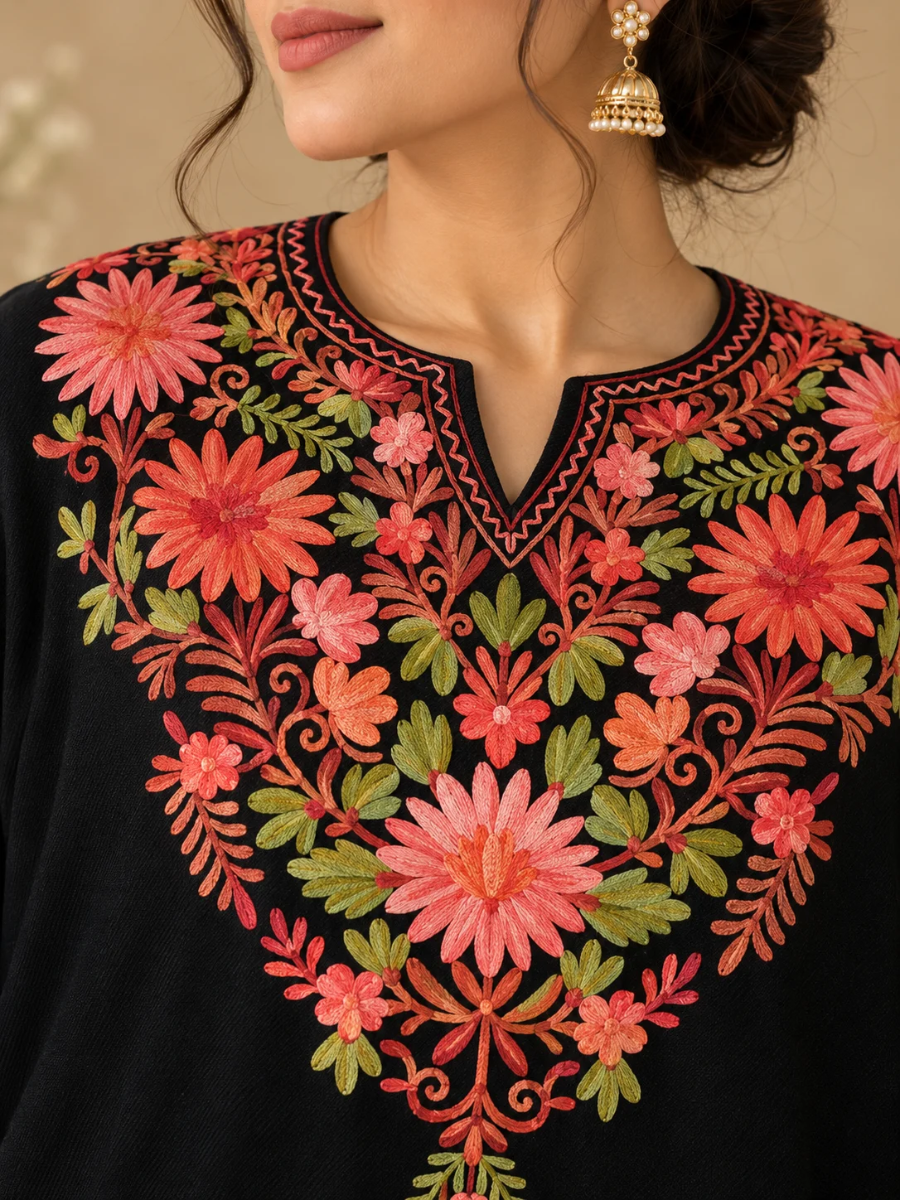 Black Kashmiri Pheran with Coral & Pink Floral Embroidery – KAARKASH