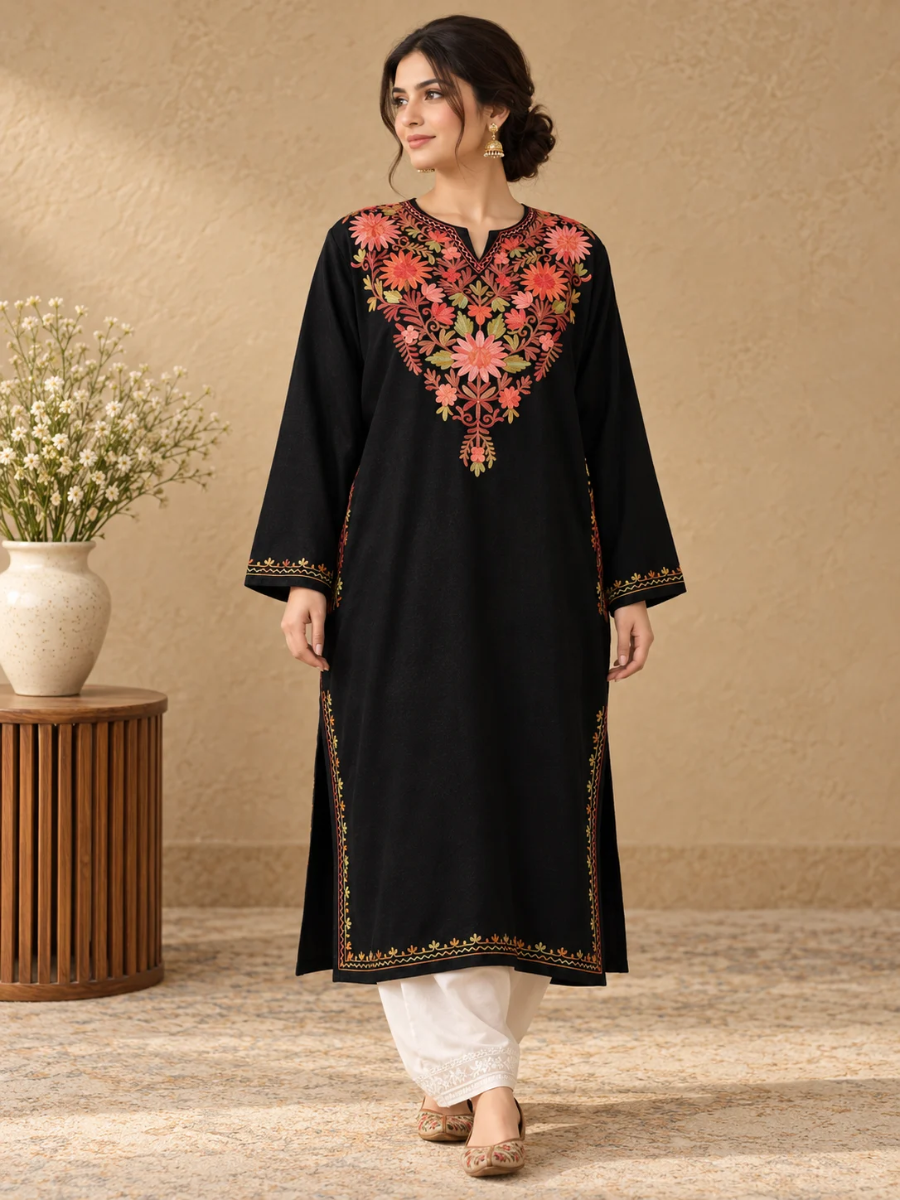Black Kashmiri Pheran with Coral & Pink Floral Embroidery – KAARKASH