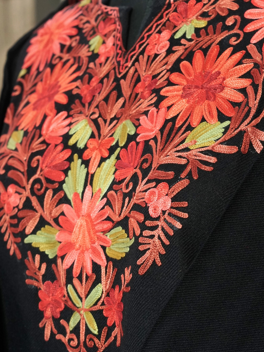 Black Kashmiri Pheran with Coral & Pink Floral Embroidery – KAARKASH