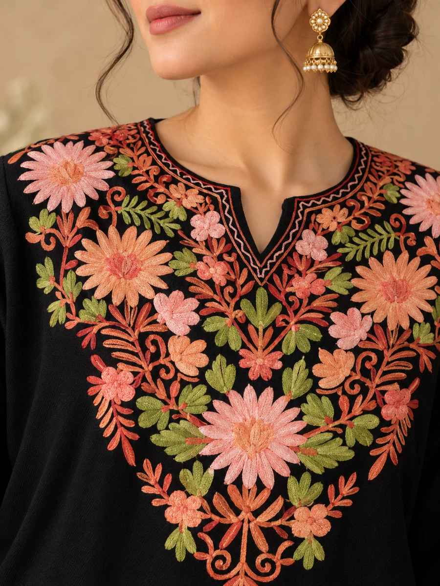 Black Kashmiri Pheran with Peach & Pink Floral Embroidery – KAARKASH