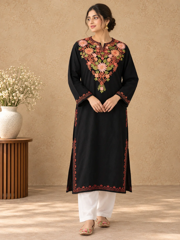 Black Kashmiri Pheran with Peach & Pink Floral Embroidery – KAARKASH