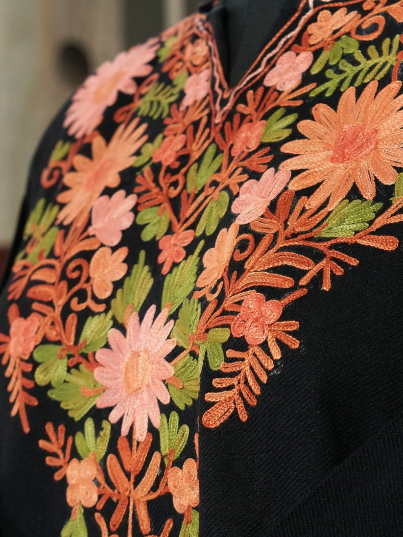 Black Kashmiri Pheran with Peach & Pink Floral Embroidery – KAARKASH