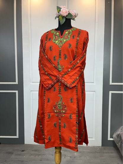 Kashmiri Sozni Embroidered Phiran | Orange