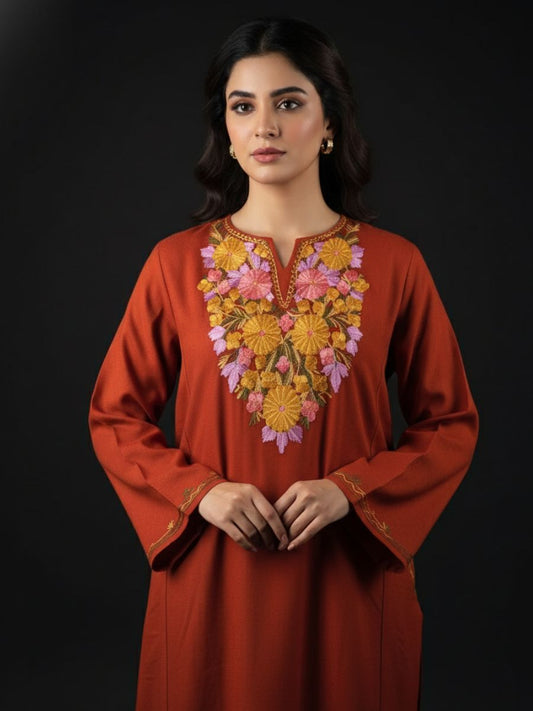 Kashmiri Aari Embroidered Phiran – Yellow , pink | Rust