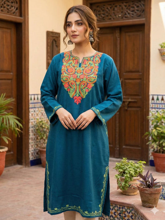 Kashmiri Golden , pink , green and red Aari Embroidered Phiran | mint teal