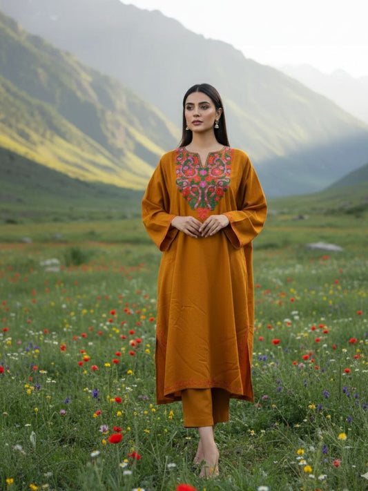 Kashmiri Aari Embroidered Phiran – Brown, Green & Pink | Mustard