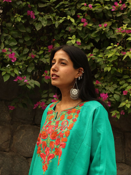 Kashmiri Aari Embroidered Phiran – Red & Green | Turquoise