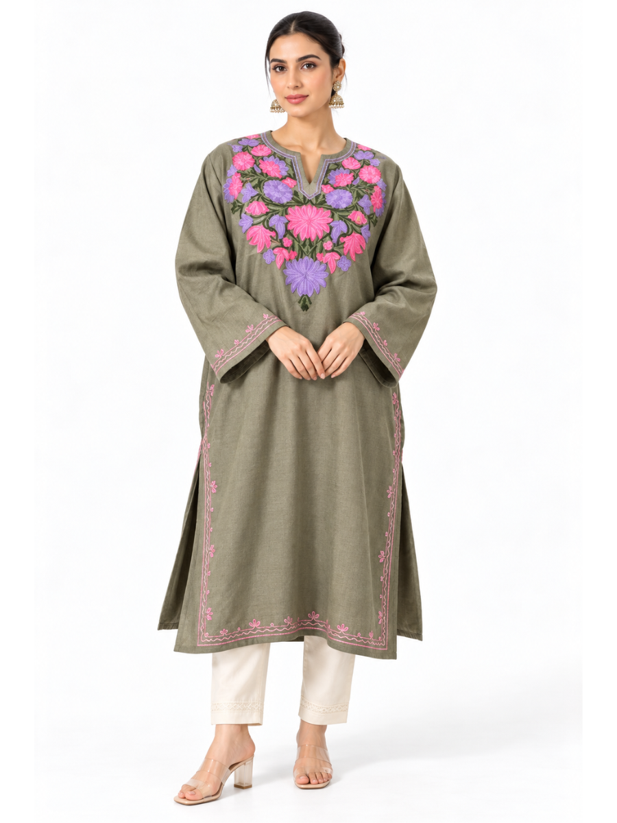 Gulposh Royal Kashmiri Pheran | Pure Raffel Wool | Hazel