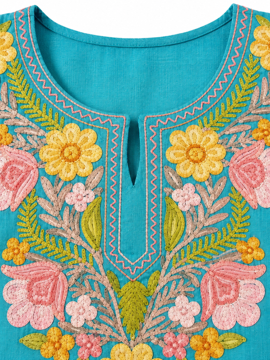 Kashmiri Manual Aari worked cotton Co-Ord Set | Ocean Breeze
