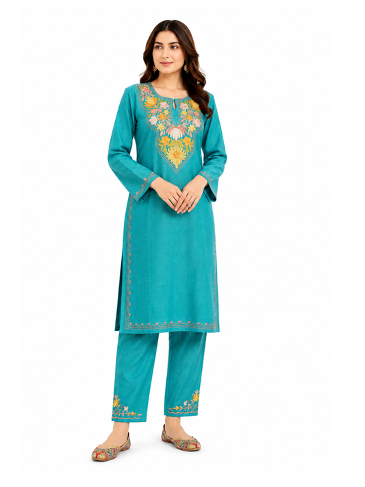 Kashmiri Manual Aari worked cotton Co-Ord Set | Ocean Breeze