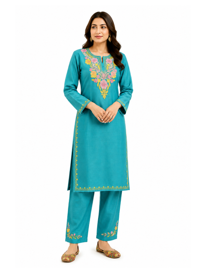 Kashmiri Manual Aari worked cotton Co-Ord Set | Ocean Breeze