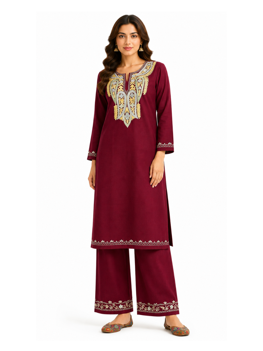 Kashmir Aari cotton Co-Ord Set | Plum