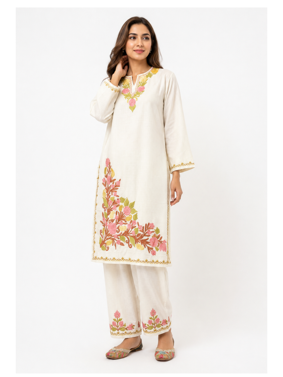 Noor : Kashmiri Aari embroidery summer Co-Ord Set | Light Gray