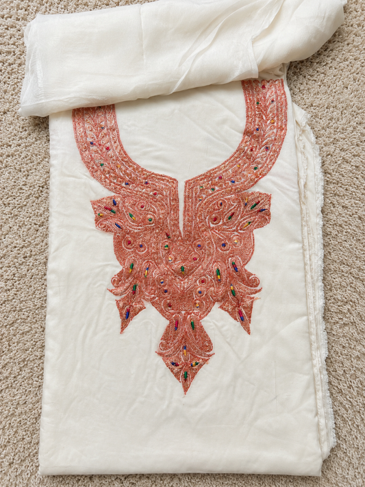Kashmiri Botti Tilla 3 Piece Unstitched Suit | Off White
