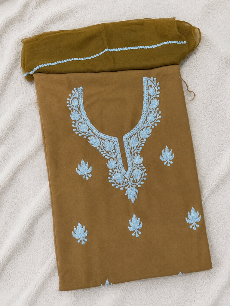 Kashmiri Botti Tilla 3 Piece Unstitched Alpine Cotton Suit | Brown