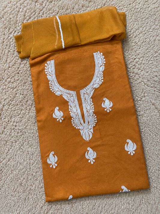 Kashmiri Botti Tilla 3 Piece Unstitched Alpine Cotton Suit | Brown