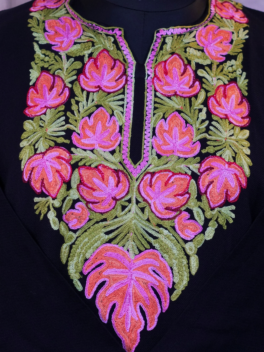 Black Kashmiri Pheran with Pink & Green Chinar Embroidery – KAARKASH