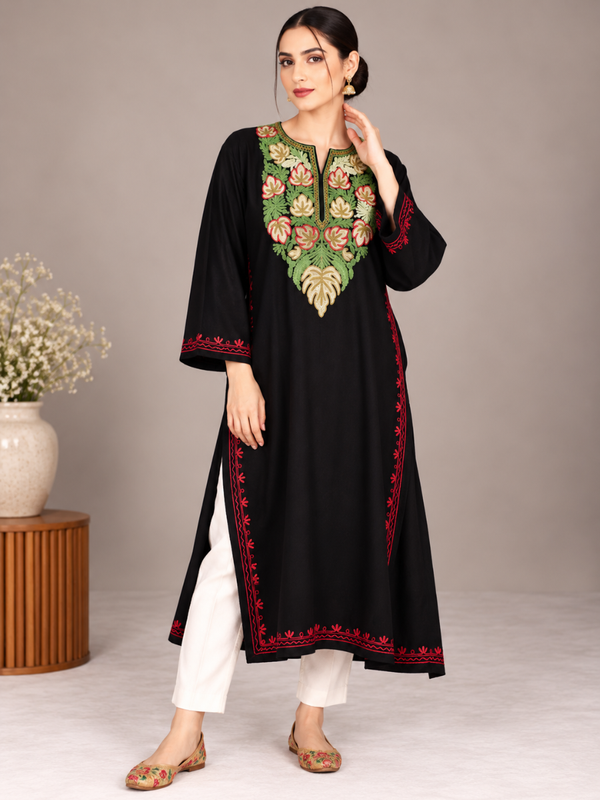 Black Kashmiri Pheran with Sage Green & Peach Chinar Embroidery – KAARKASH