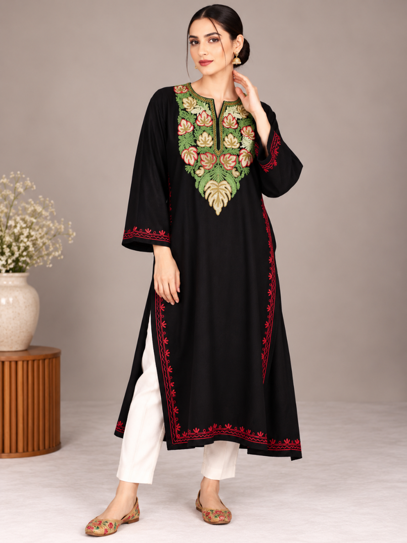 Black Kashmiri Pheran with Sage Green & Peach Chinar Embroidery – KAARKASH