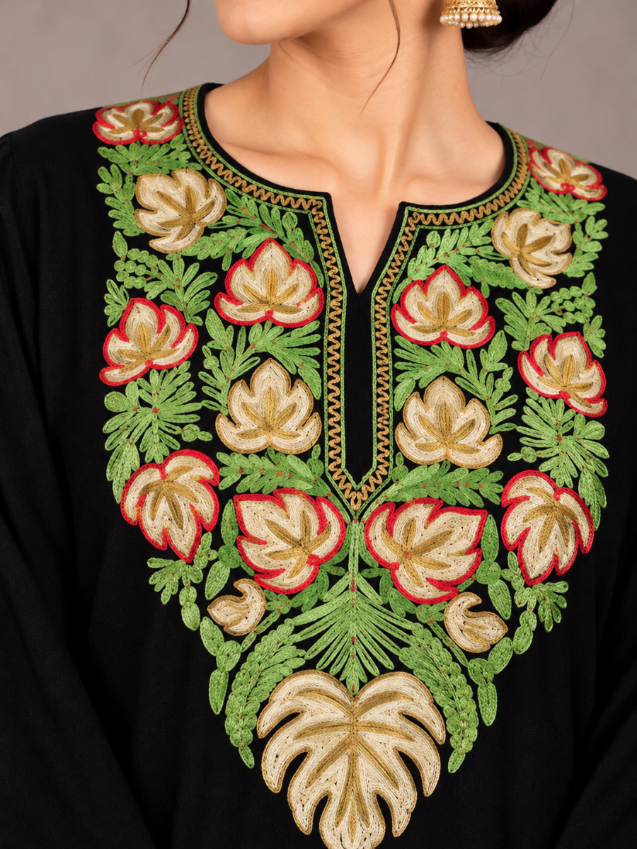 Black Kashmiri Pheran with Sage Green & Peach Chinar Embroidery – KAARKASH
