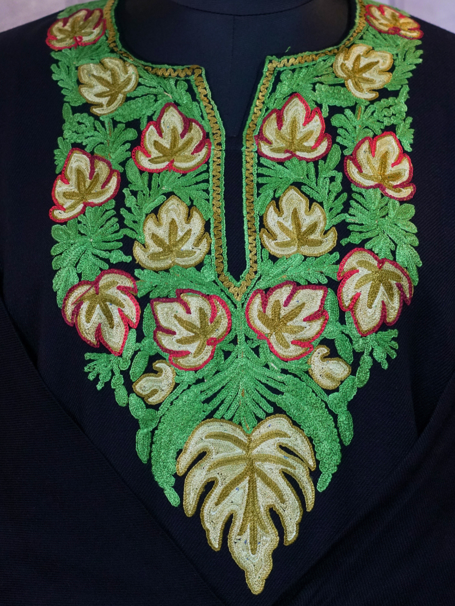 Black Kashmiri Pheran with Sage Green & Peach Chinar Embroidery – KAARKASH