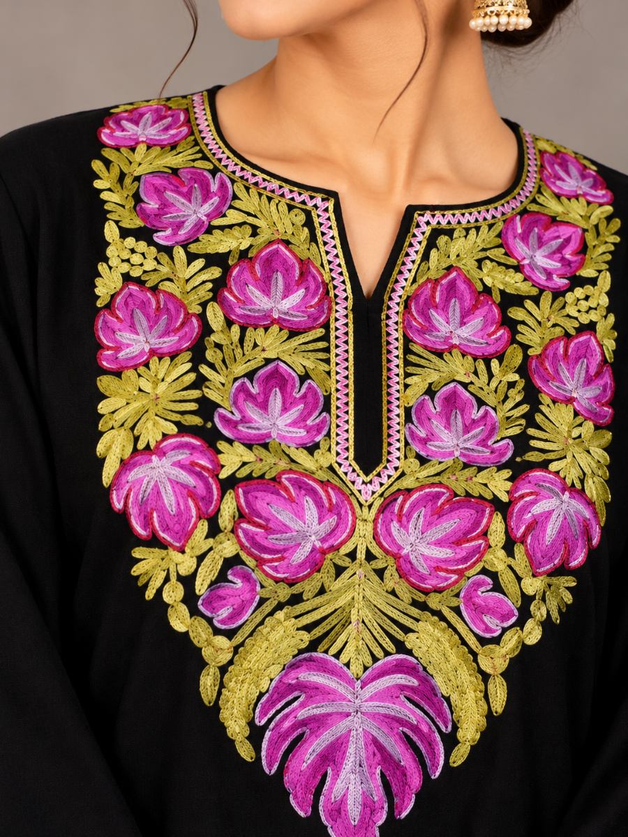Black Kashmiri Pheran with Purple & Lime Green Chinar Embroidery – KAARKASH