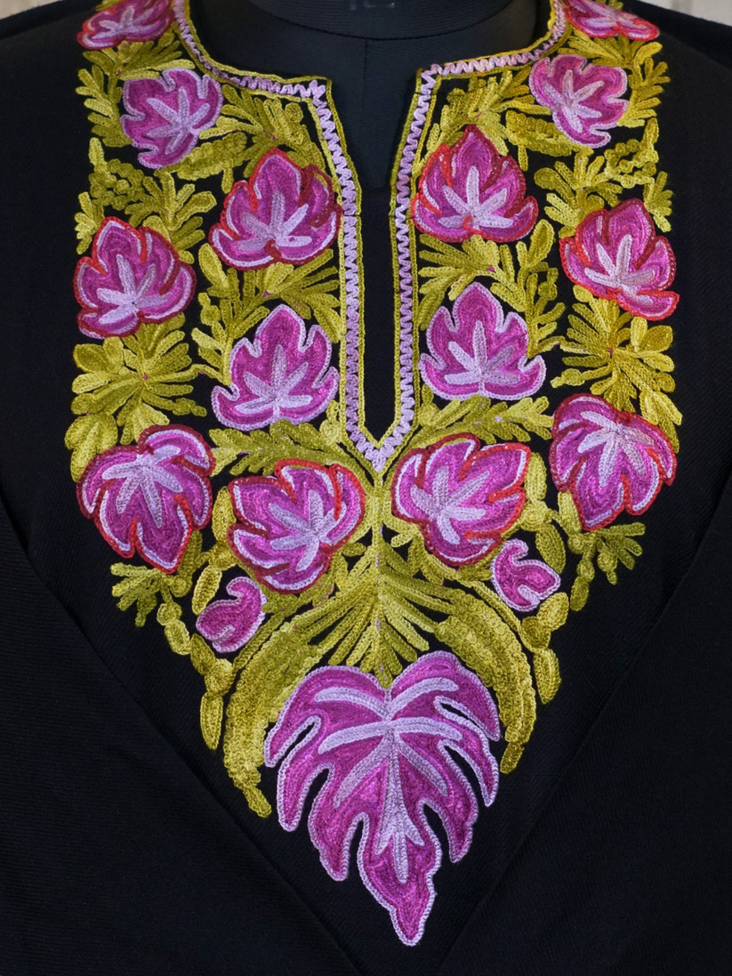 Black Kashmiri Pheran with Purple & Lime Green Chinar Embroidery – KAARKASH