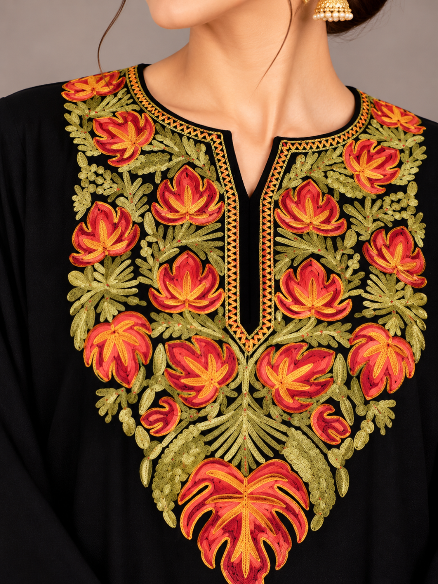 Black Kashmiri Pheran with Orange & Olive Green Chinar Embroidery – KAARKASH