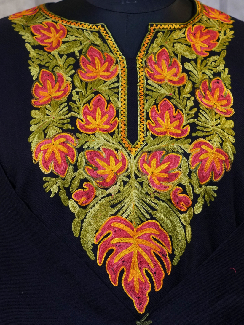 Black Kashmiri Pheran with Orange & Olive Green Chinar Embroidery – KAARKASH