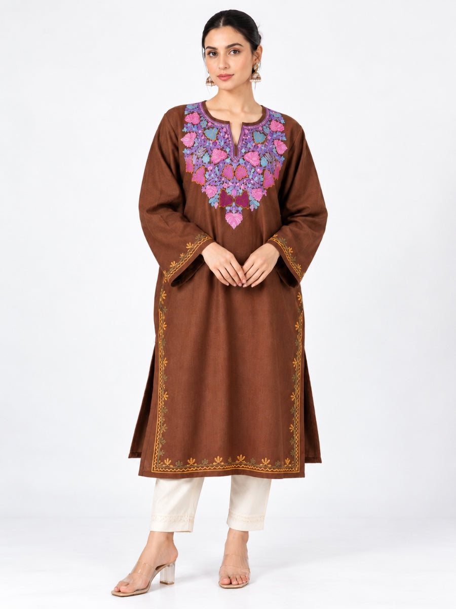 Brown Kashmiri Pheran with Purple Pamposh Embroidery – KAARKASH