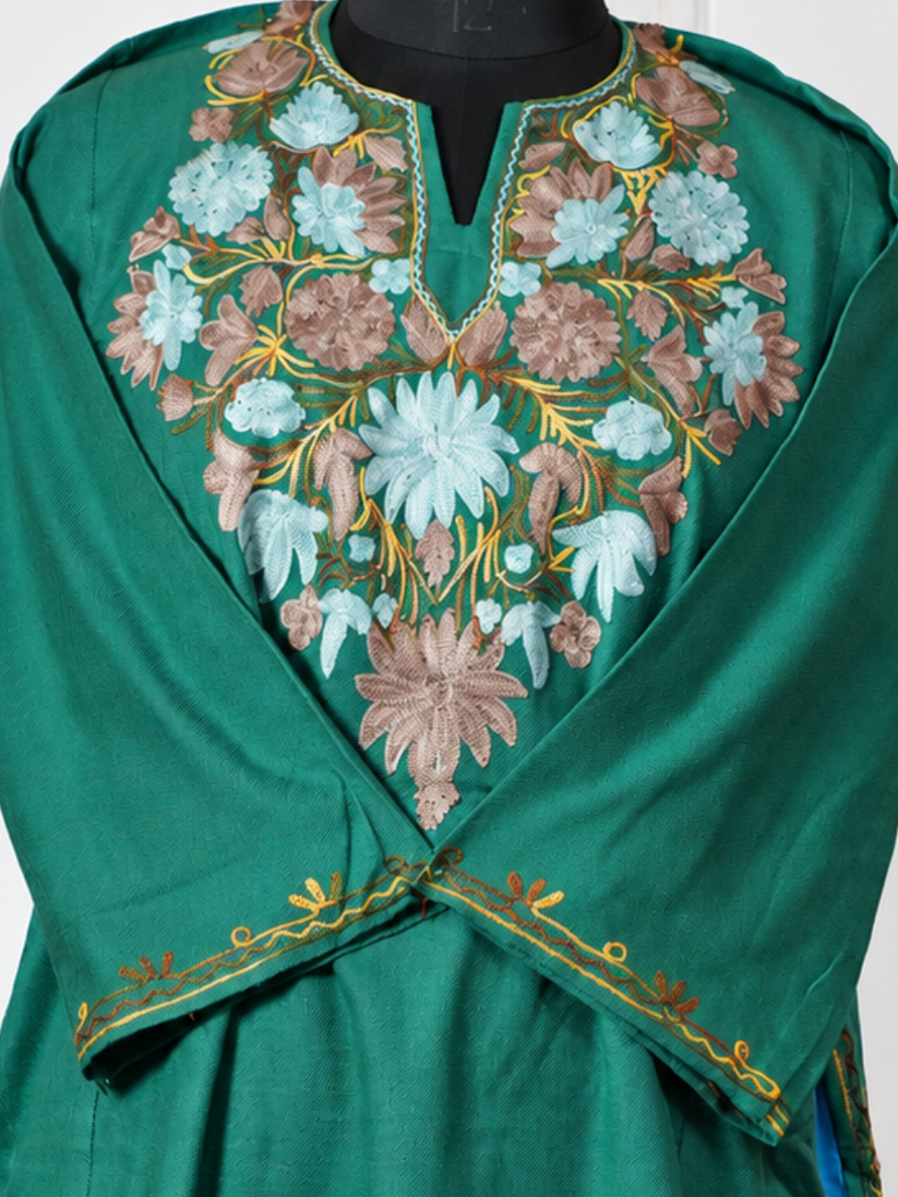 Emerald Green Kashmiri Pheran with Aqua Floral Embroidery – KAARKASH