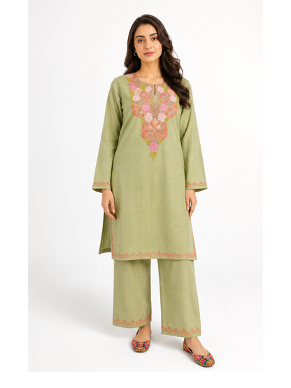 Noor : Kashmiri Aari embroidery summer Co-Ord Set | Olive Green