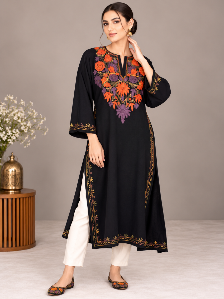 Black Kashmiri Pheran with Orange & Purple Floral Embroidery – KAARKASH