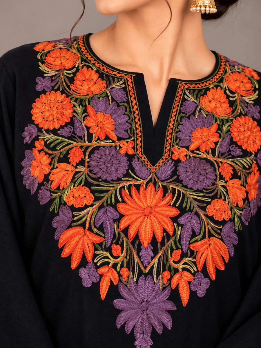 Black Kashmiri Pheran with Orange & Purple Floral Embroidery – KAARKASH