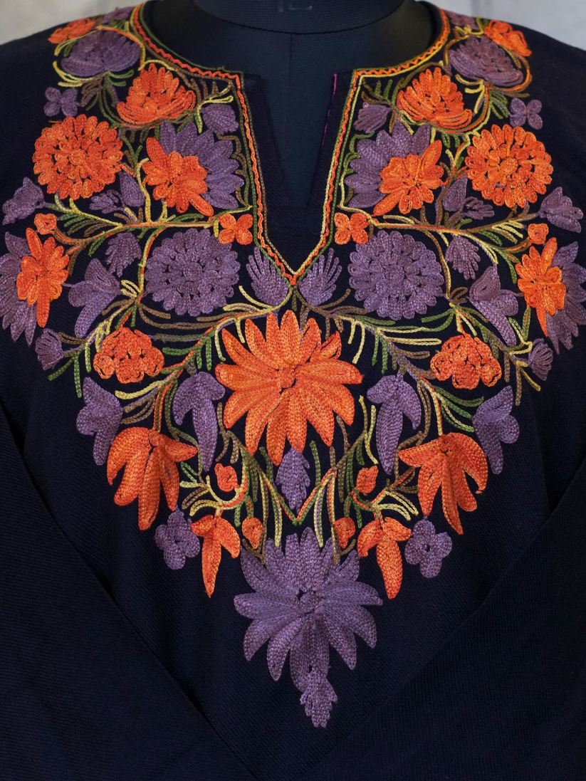 Black Kashmiri Pheran with Orange & Purple Floral Embroidery – KAARKASH
