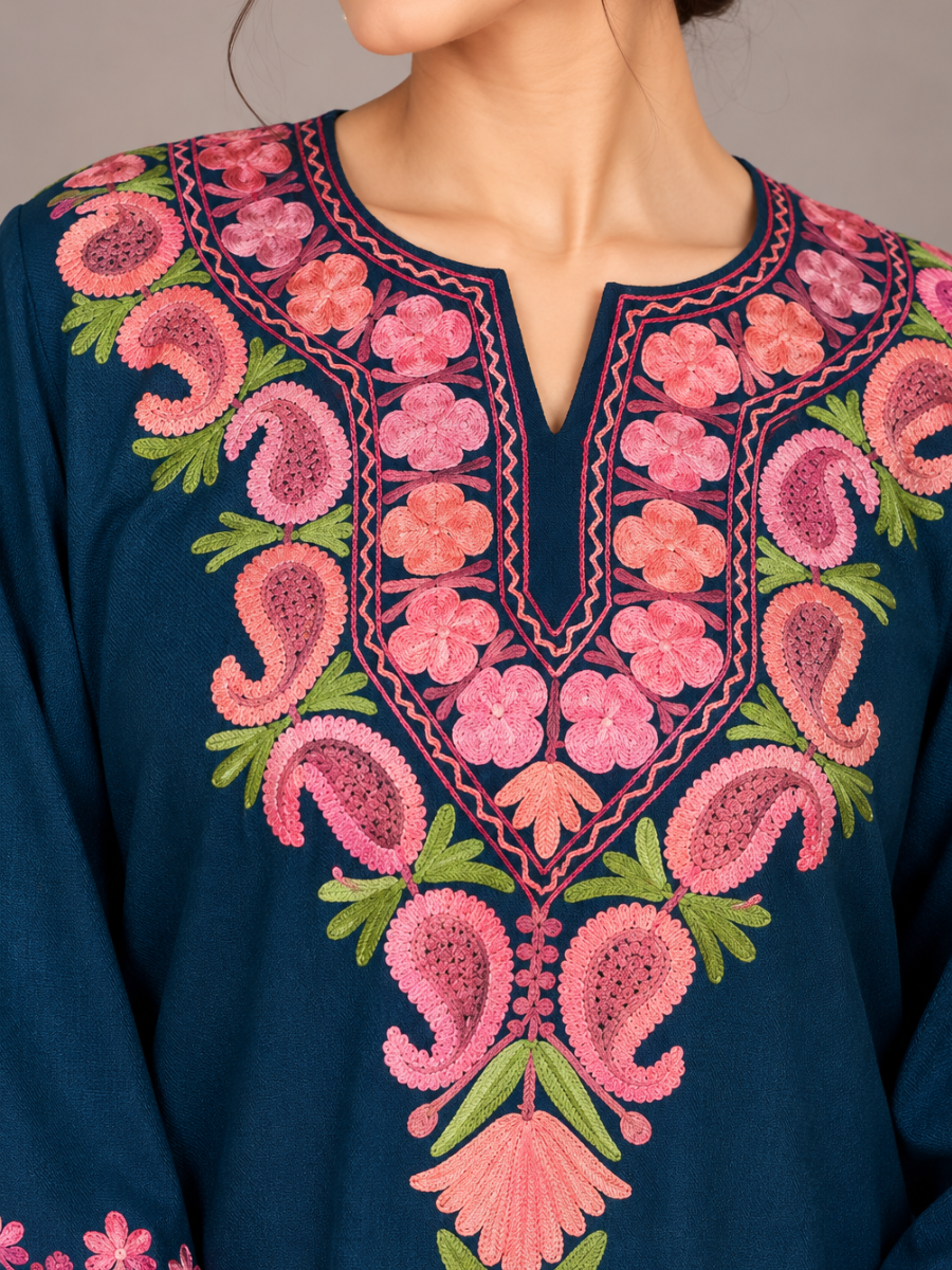 Teal Blue Kashmiri Pheran with Pink Paisley Embroidery – KAARKASH