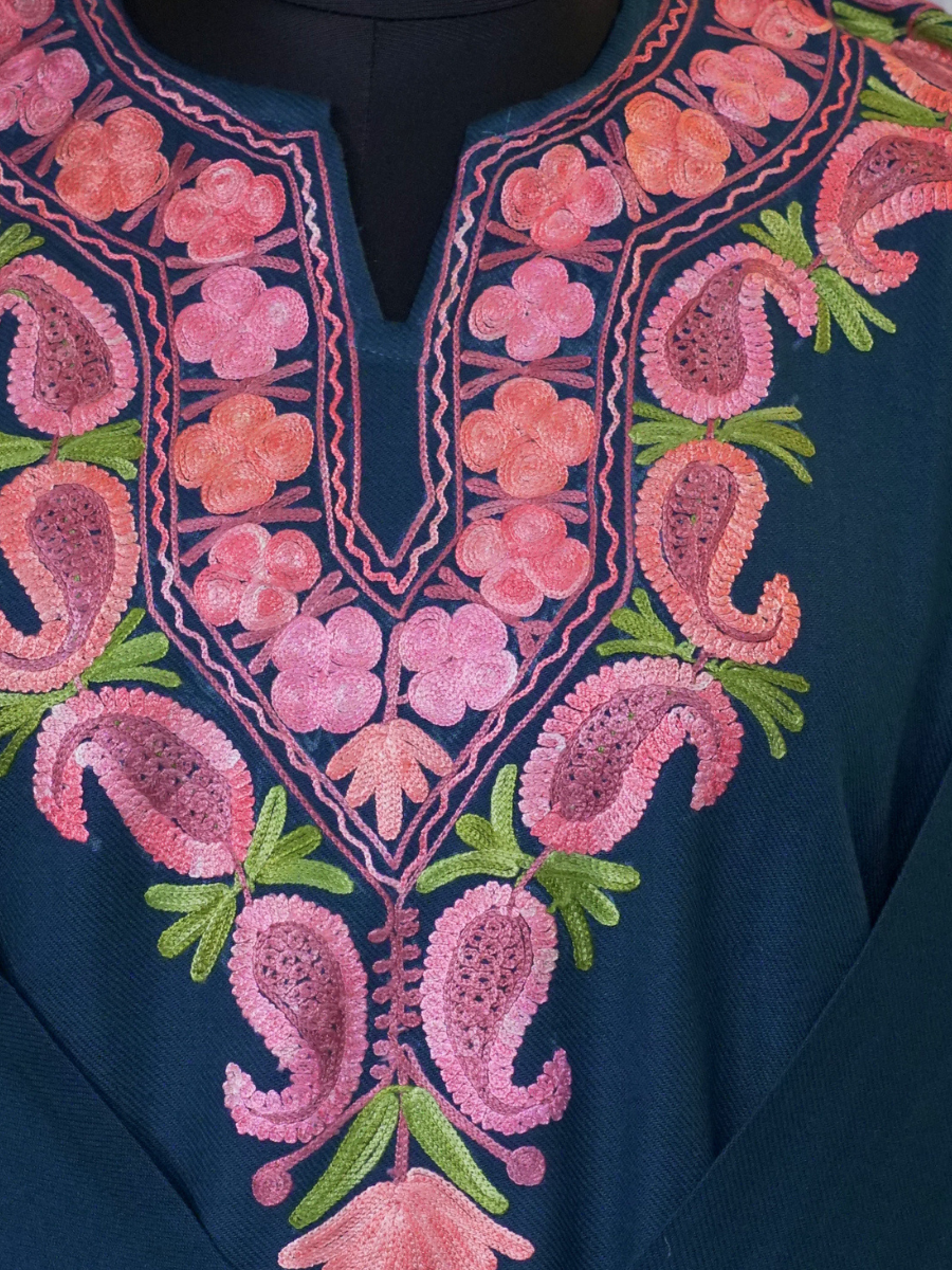 Teal Blue Kashmiri Pheran with Pink Paisley Embroidery – KAARKASH