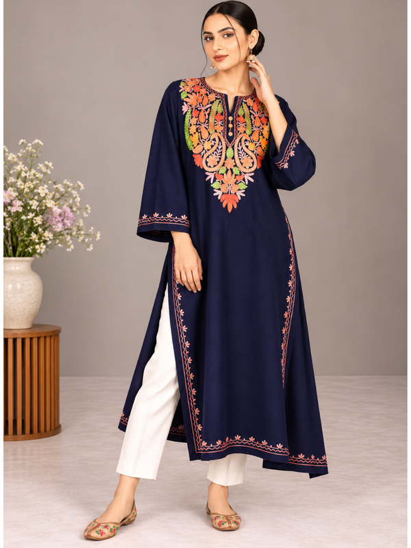 Navy Blue Kashmiri Pheran with Multicolour Paisley Embroidery – KAARKASH