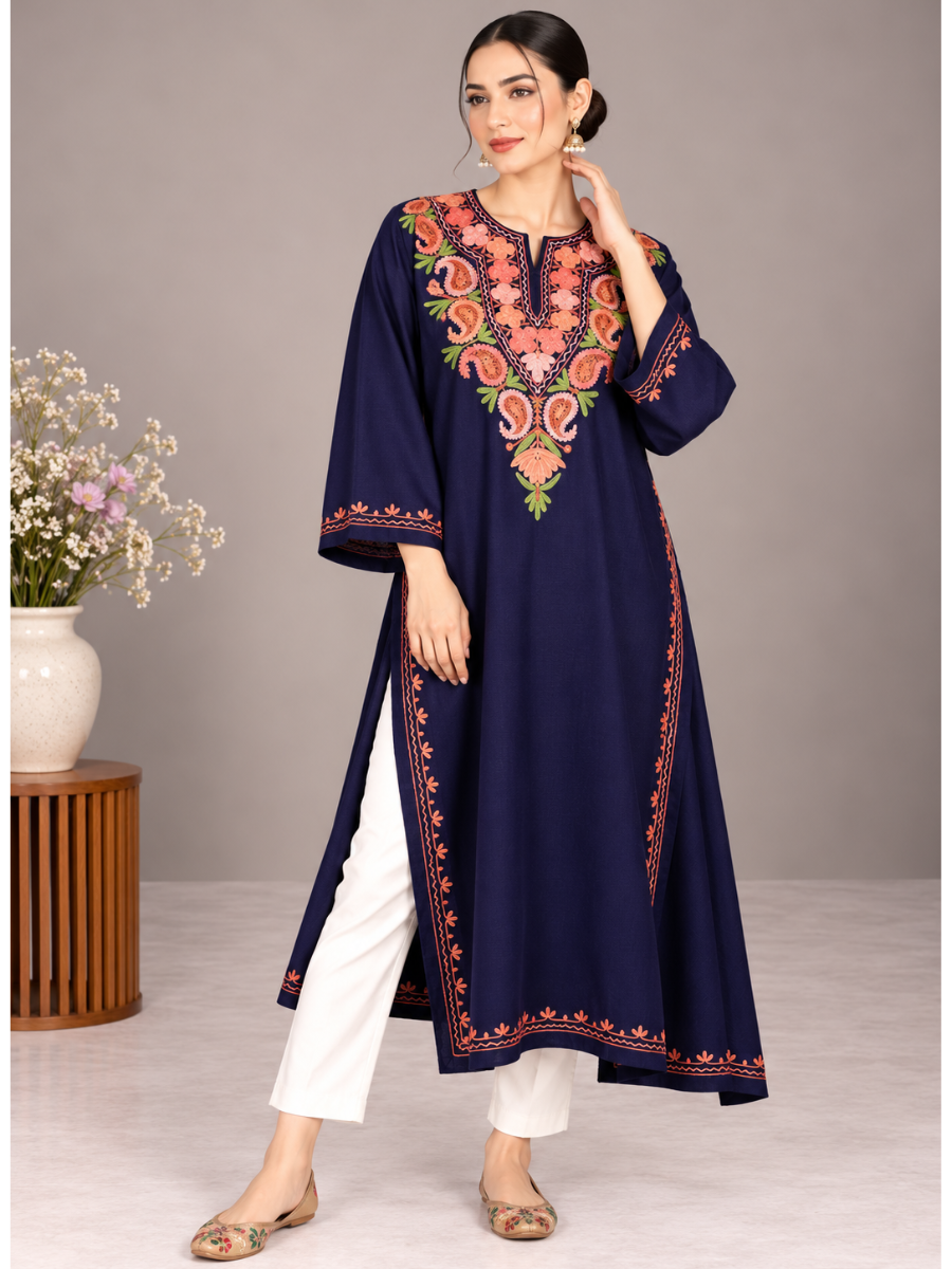 Navy Blue Kashmiri Pheran with Coral Paisley Embroidery – KAARKASH