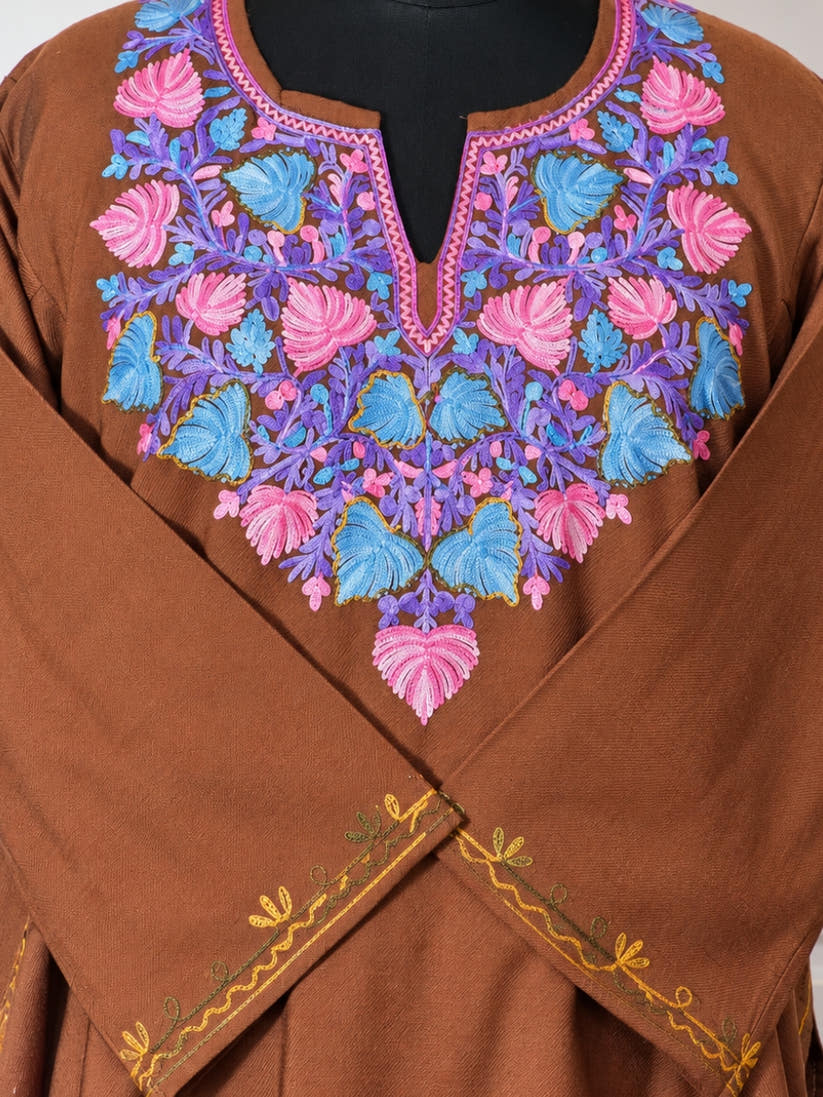 Brown Kashmiri Pheran with Purple Pamposh Embroidery – KAARKASH
