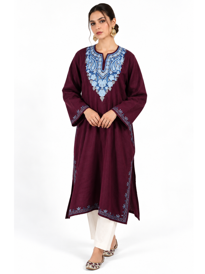 Wine Kashmiri Pheran with Sky Blue Paisley Embroidery – KAARKASH