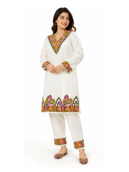 Noor : Kashmiri Aari embroidery summer Co-Ord Set | Light Gray