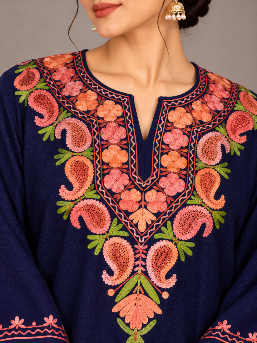 Navy Blue Kashmiri Pheran with Coral Paisley Embroidery – KAARKASH